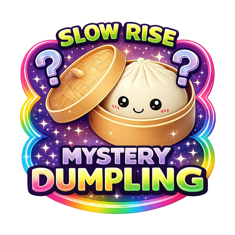 Mystery dumpling promotional graphic with rainbow border and text