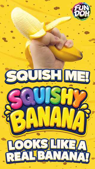 Squishy banana toy with a hand holding it against a yellow background, featuring the Fun Doh brand.