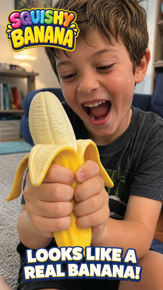 Child holding a squishy banana toy with text 'Squishy Banana' and 'Looks Like a Real Banana!'