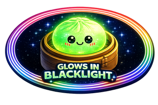Squishy Dumpling toy with a smiley face glowing in blacklight against a colorful, starry background
