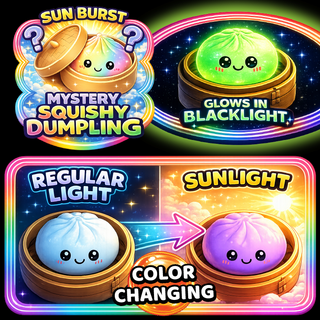 Mystery squishy dumpling with sunburst effect and color-changing feature.