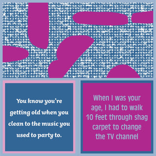 Funny double-sided cocktail napkins with getting older, cleaning to old party music, and shag carpet TV channel sayings.