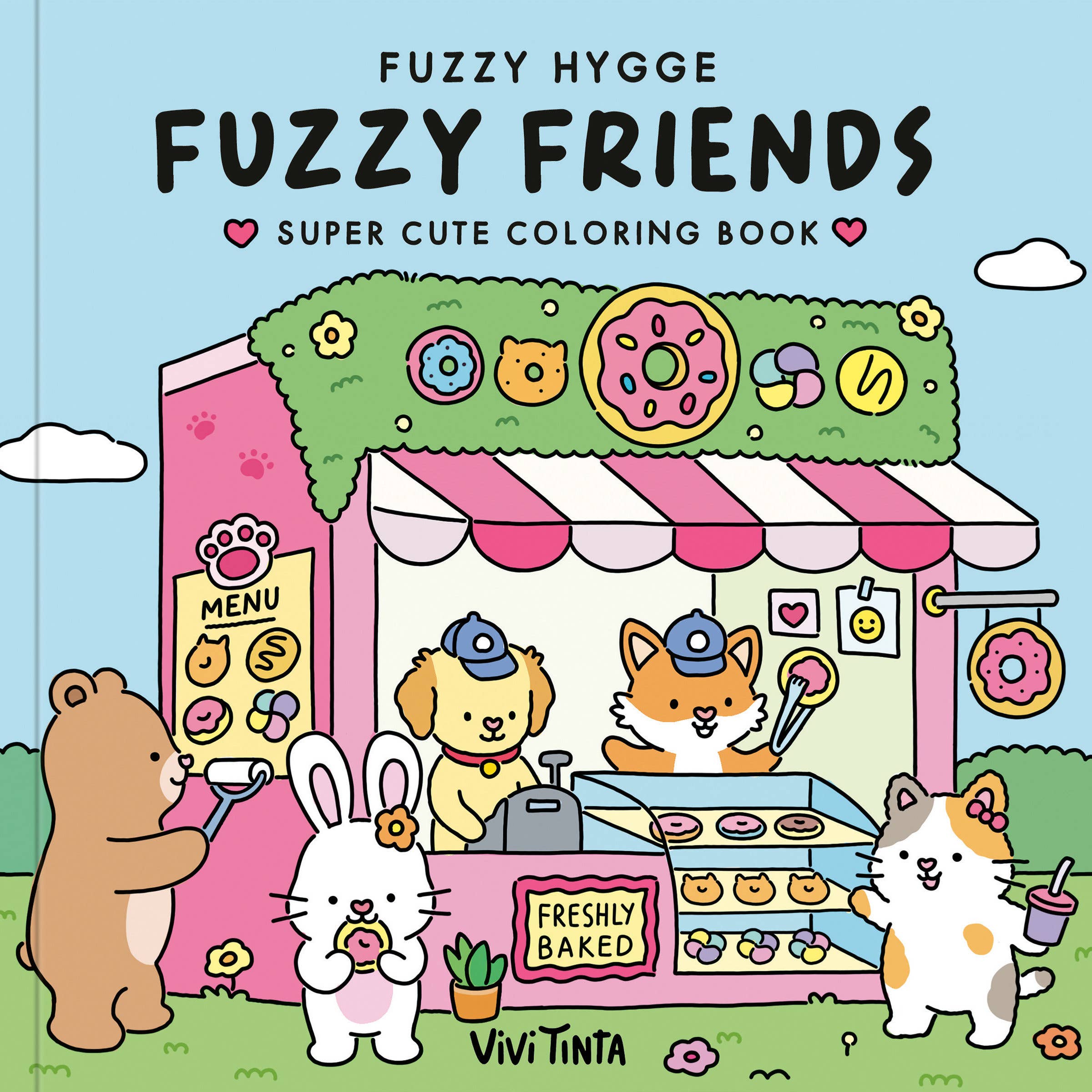 Fuzzy Friends Coloring Book by Vivi Tinta — cover showing cute fuzzy animals at a pink donut shop with a bear, bunny, dog, fox, and cat