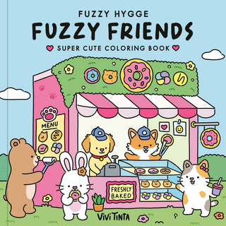 Fuzzy Friends Coloring Book by Vivi Tinta — cover showing cute fuzzy animals at a pink donut shop with a bear, bunny, dog, fox, and cat