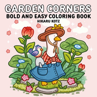 Garden Corners: Bold & Easy Coloring Book by Hikaru Kotz — a 40-page adult coloring book featuring enchanting garden nooks, vintage gates, and cozy reading corners, 8.5x8.5 inches
