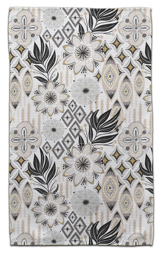 Modern geometric and botanical eco-friendly waffle weave kitchen towel in black, gray, cream, and gold