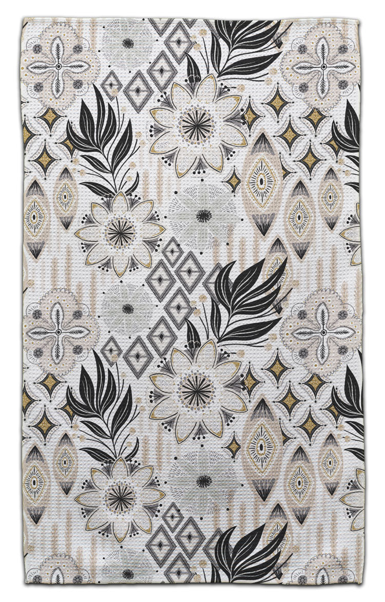 Modern geometric and botanical eco-friendly waffle weave kitchen towel in black, gray, cream, and gold