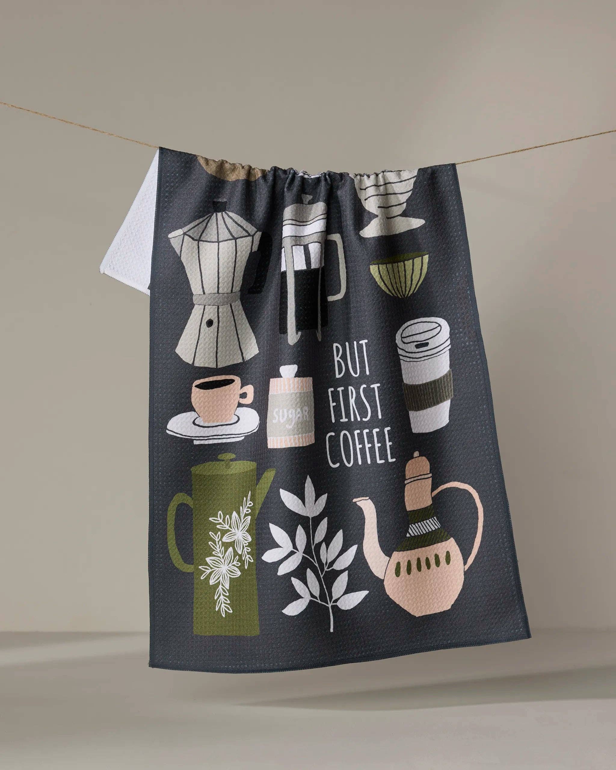 Geometry But First, Coffee Tea Towel — Geoweave™ kitchen towel with "But First, Coffee" sentiment print, 18x30 inches, made from post-consumer recycled materials
