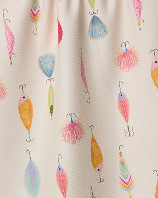 Geometry fishing lures tea towel with colorful lure pattern for kitchen and cabin décor 
