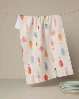 Geometry fishing lures tea towel with colorful lure pattern for kitchen and cabin décor