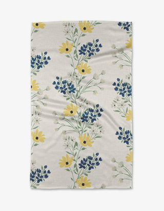 Geometry Garden Picks floral kitchen tea towel featuring blue blossoms and yellow flowers on white Geoweave™ fabric