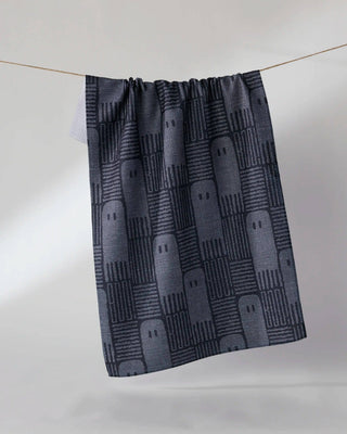 Geometry Hide and Shriek Tea Towel — modern geometric ghost and BOO Halloween pattern in gray tones, Geoweave™ kitchen towel, 18x30 inches, made from recycled materials
