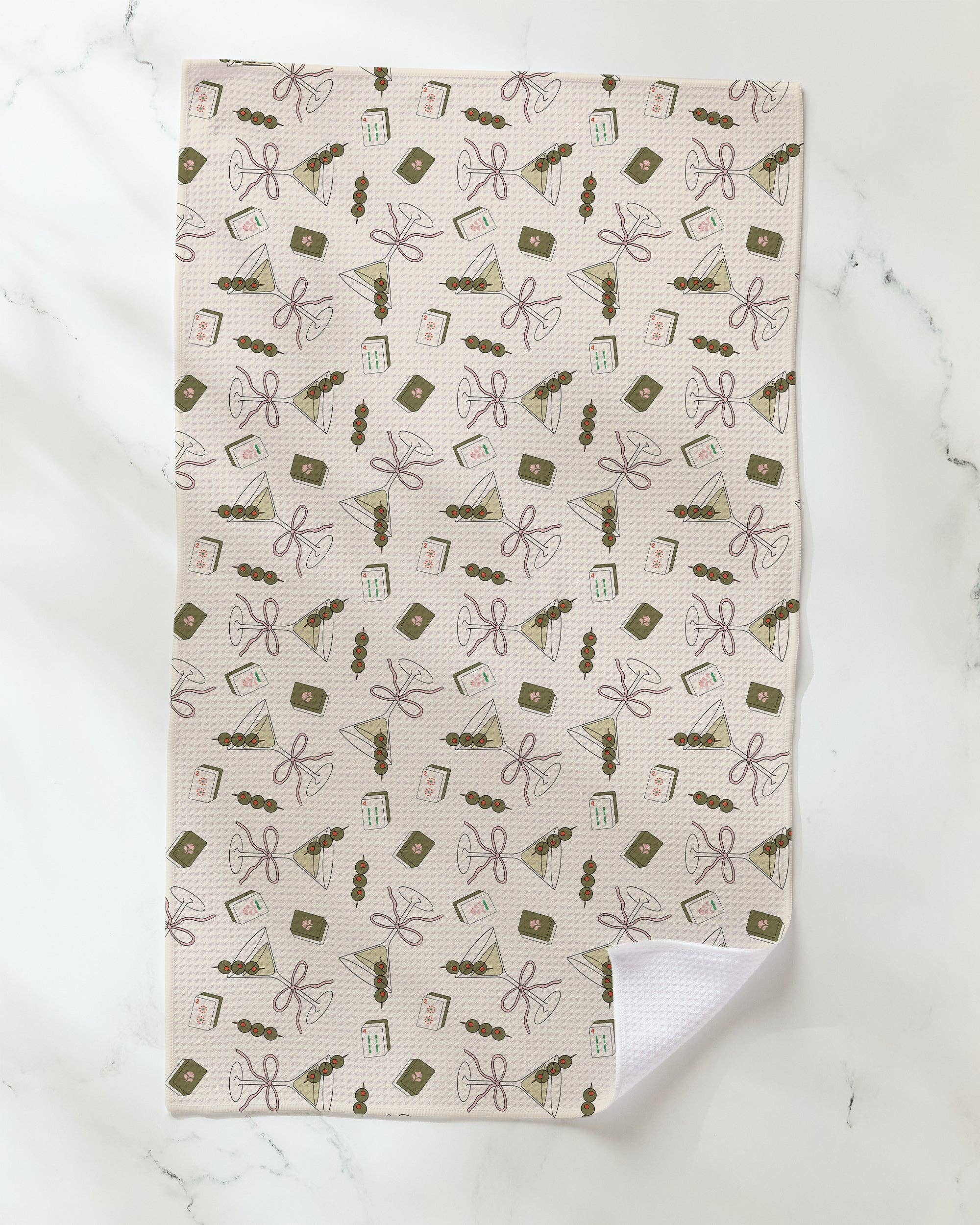 Geometry Martini Tiles Tea Towel — cream Geoweave™ kitchen towel with repeating martini glasses, cocktail umbrellas, straws, and mahjong tiles print, 18x30 inches, made from recycled materials
