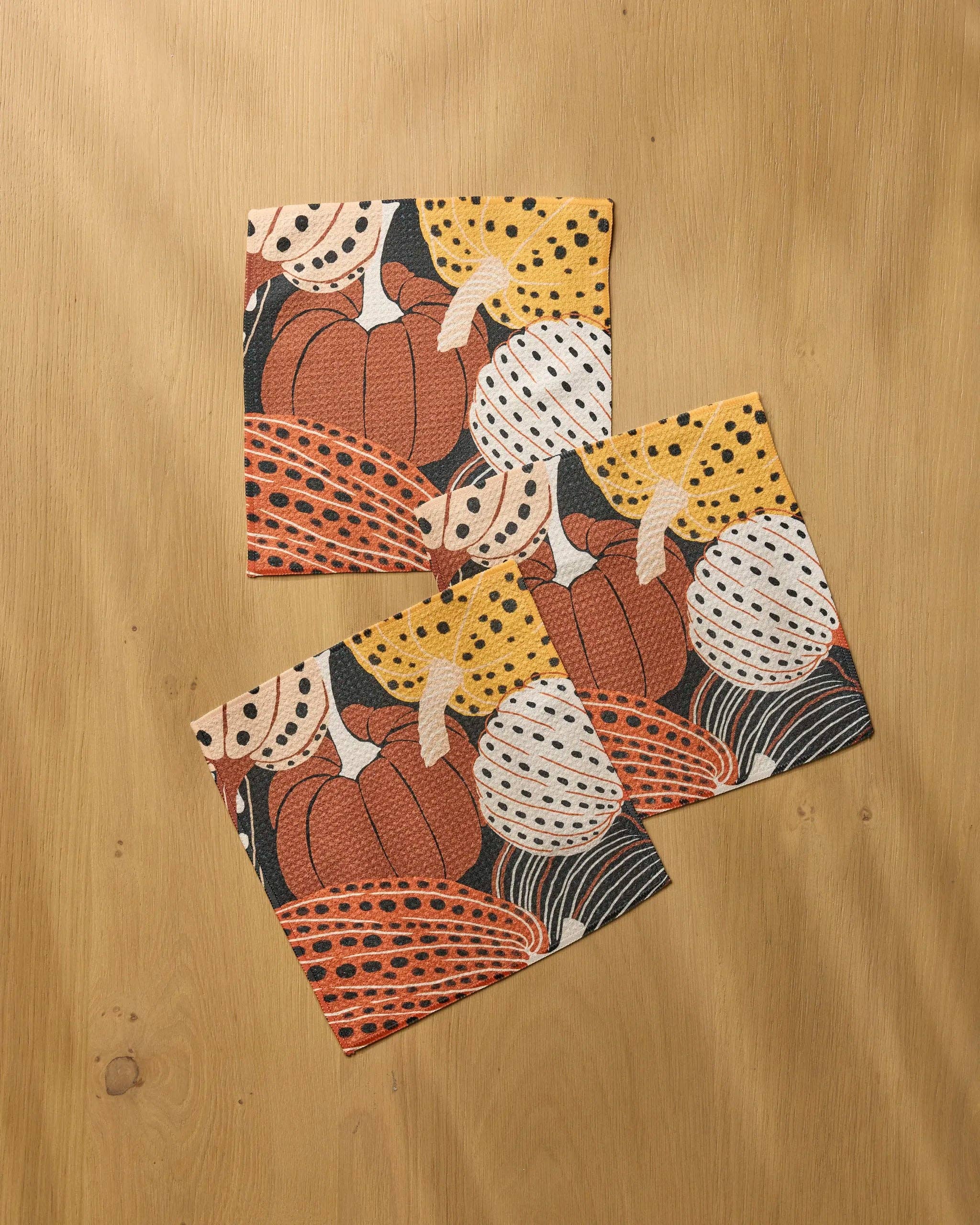 Geometry Painted Patch Dishcloth Set 3-pack — autumn pumpkin pattern Geoweave™ dishcloths, 10x10 inches each, made from post-consumer recycled materials
