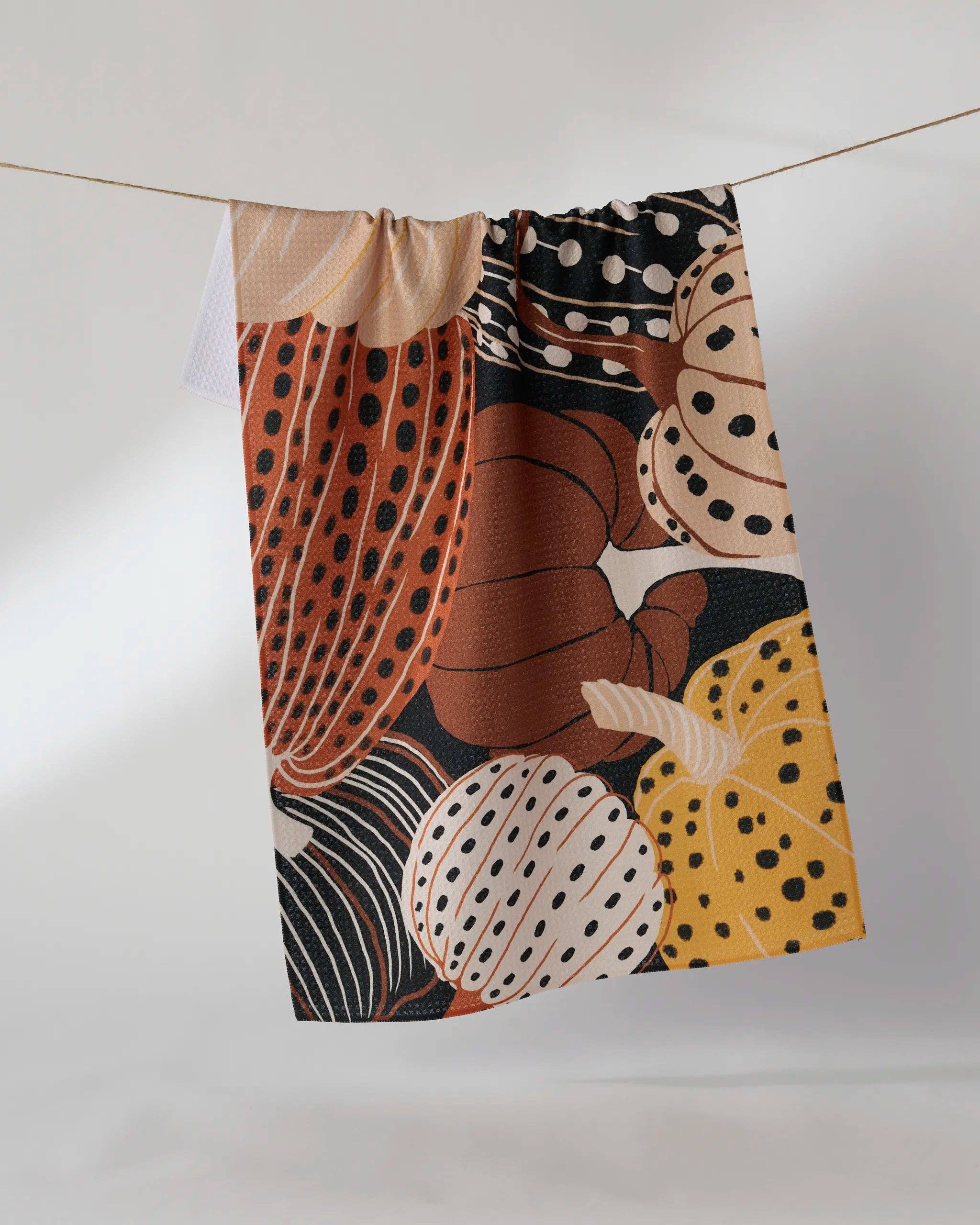 Geometry Painted Patch Tea Towel — autumn pumpkin pattern Geoweave™ kitchen towel, 18x30 inches, made from post-consumer recycled materials
