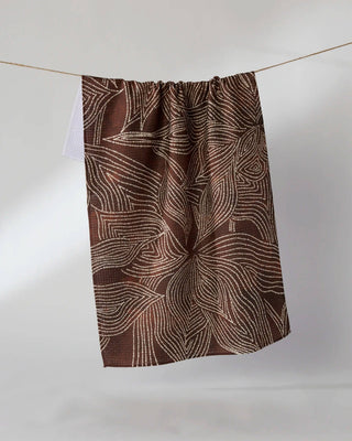 Geometry Pearl Botanical Tea Towel — brown Geoweave™ kitchen towel with white dotted botanical print, 18x30 inches, made from post-consumer recycled materials
