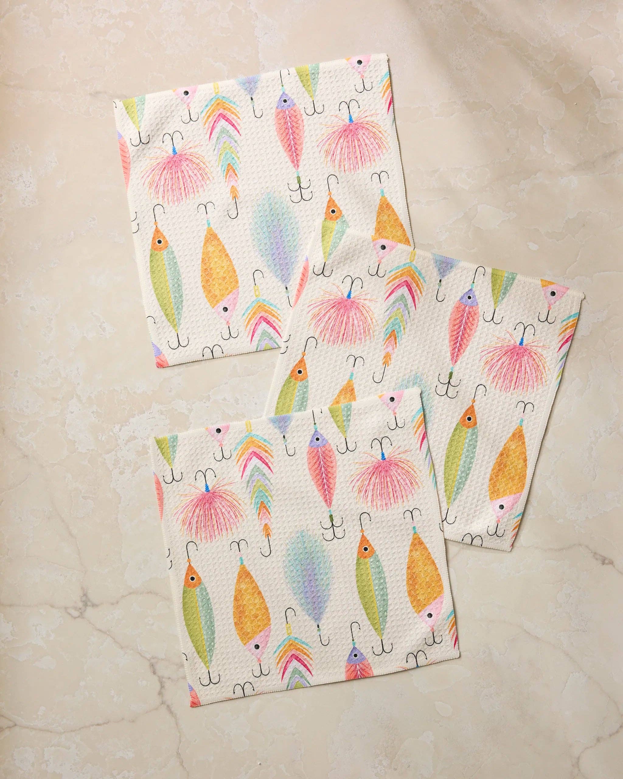 Geometry Tackle Box dishcloth set featuring colorful fishing lure print reusable kitchen cloths