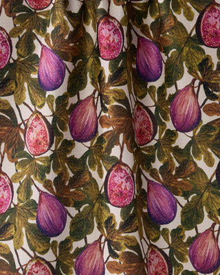 Close-up of Geometry Wild Fig Tea Towel showing Geoweave™ texture with detailed botanical illustration of ripe purple figs, sliced figs, and earthy green leaves on recycled polyester fabric
