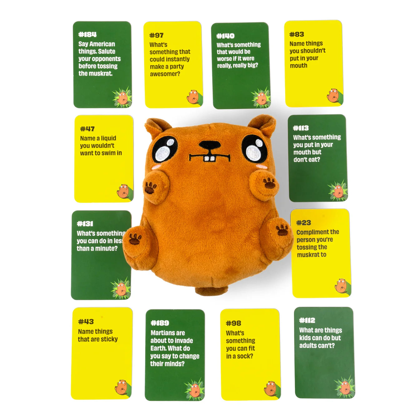 Gimme That Muskrat party game with electronic plush muskrat and prompt cards