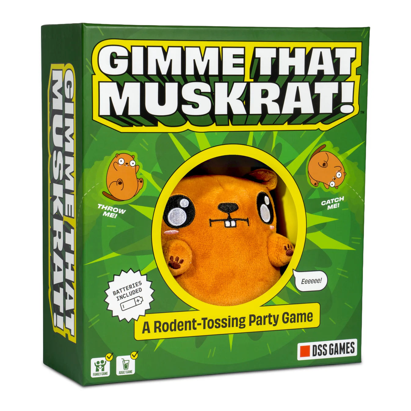 Gimme That Muskrat party game box with electronic plush muskrat and prompt cards