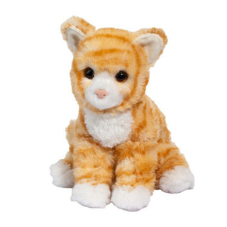 Mini soft orange striped tabby cat plush toy by Douglas with white paws and pink nose