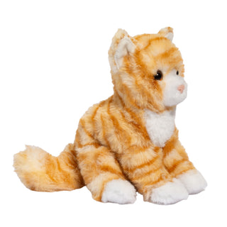 Mini soft orange striped tabby cat plush toy by Douglas with white paws and pink nose