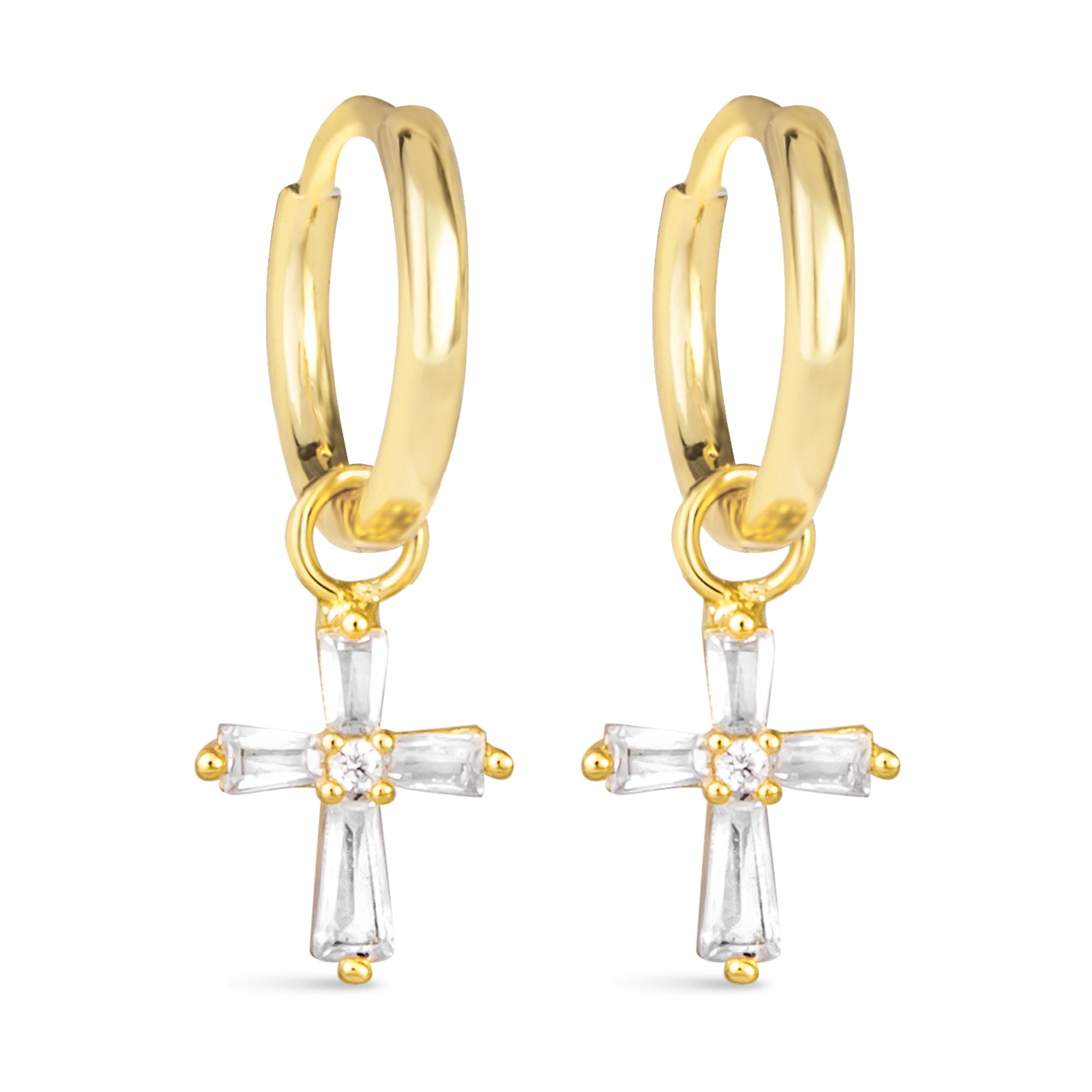 gold hoop earrings with cubic zirconia cross drop