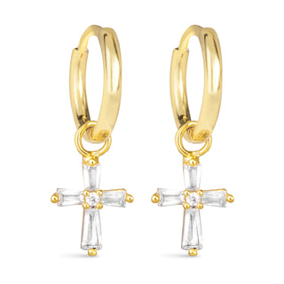 gold hoop earrings with cubic zirconia cross drop