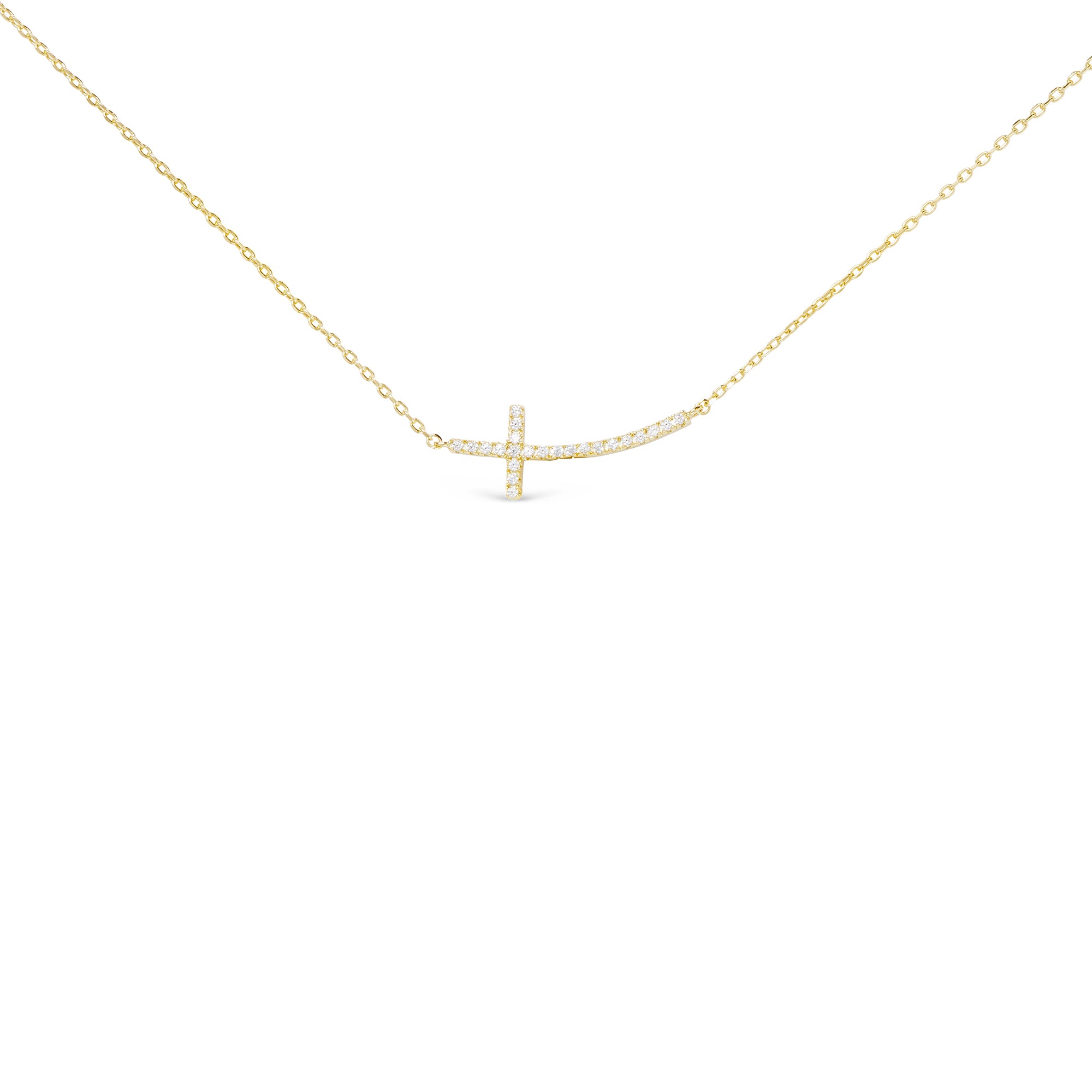 gold cubic zirconia curved sideways cross necklace dainty chain