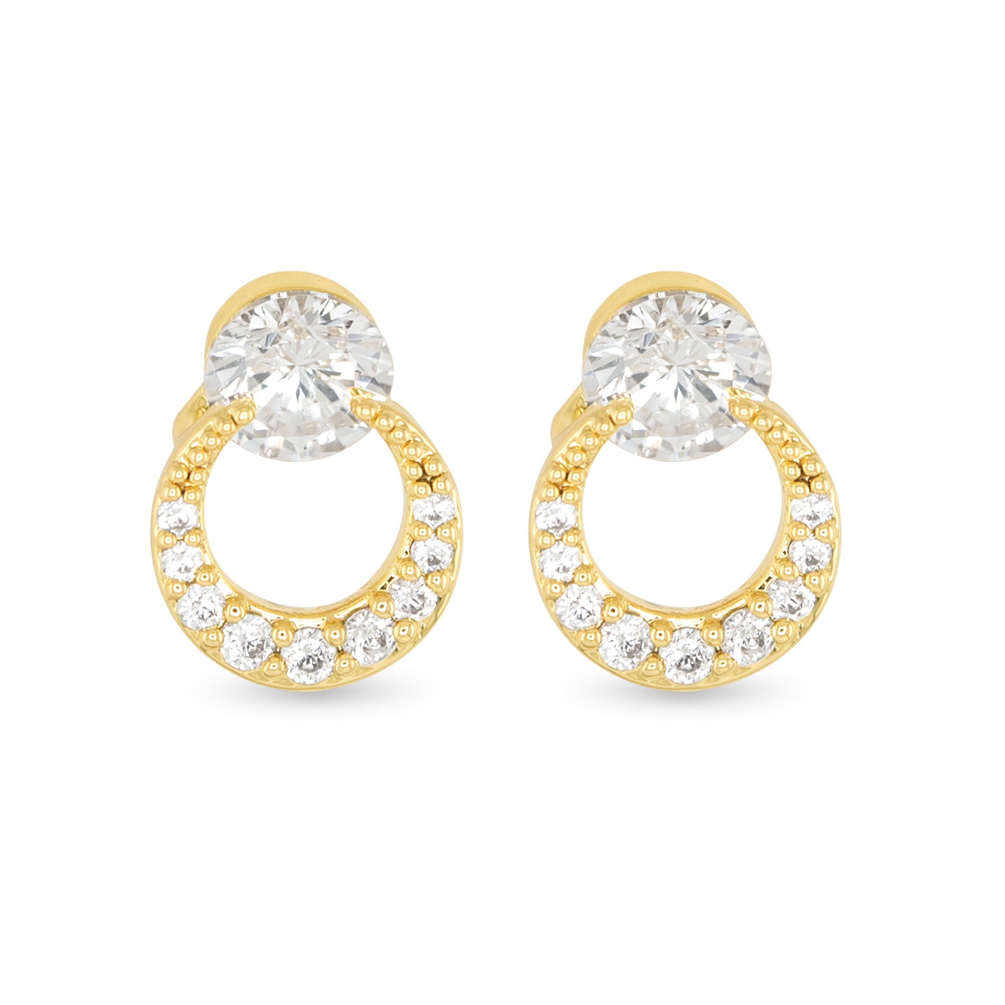 gold cubic zirconia half moon drop earrings with round stud
