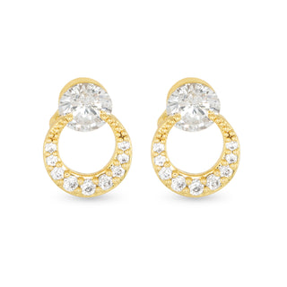 gold cubic zirconia half moon drop earrings with round stud