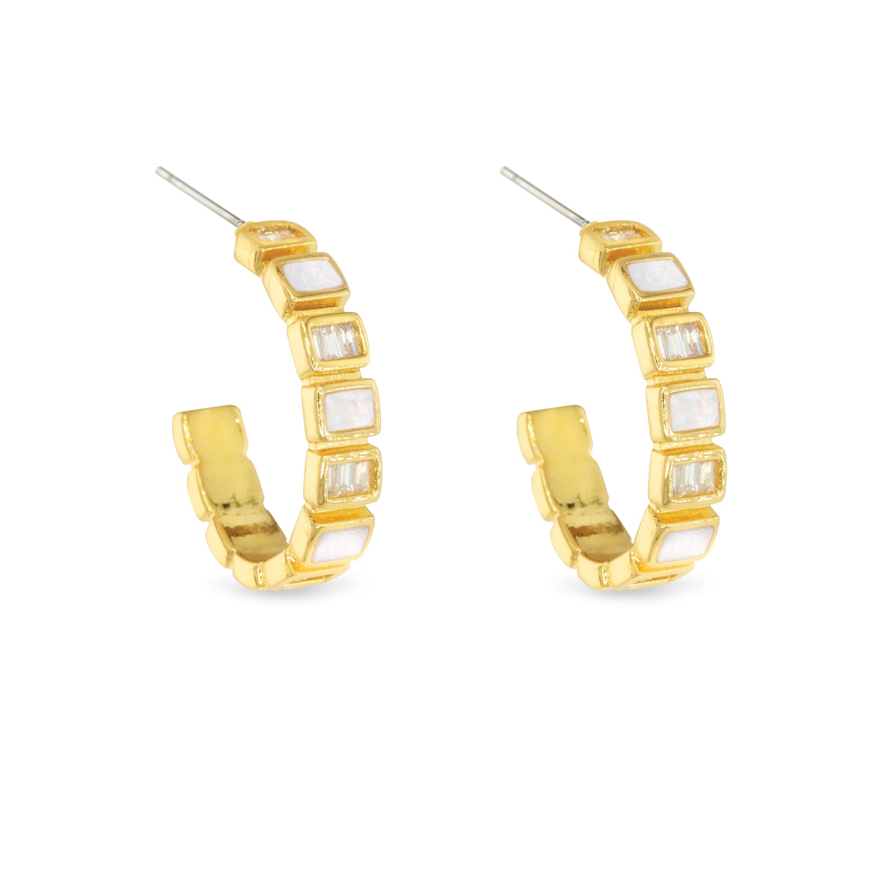 gold hoop earrings with cubic zirconia and mother of pearl inlay