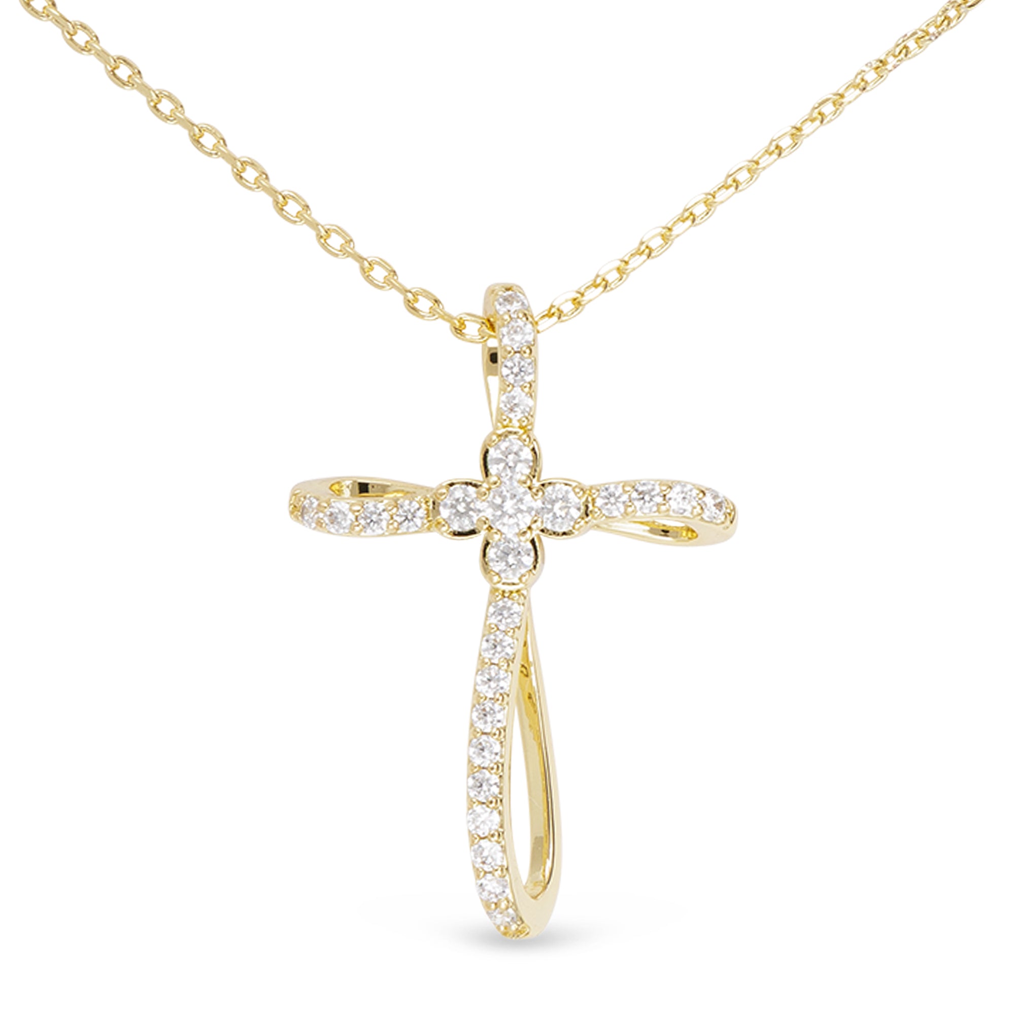 gold cubic zirconia ribbon cross necklace with clover center detail