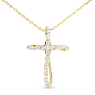 gold cubic zirconia ribbon cross necklace with clover center detail