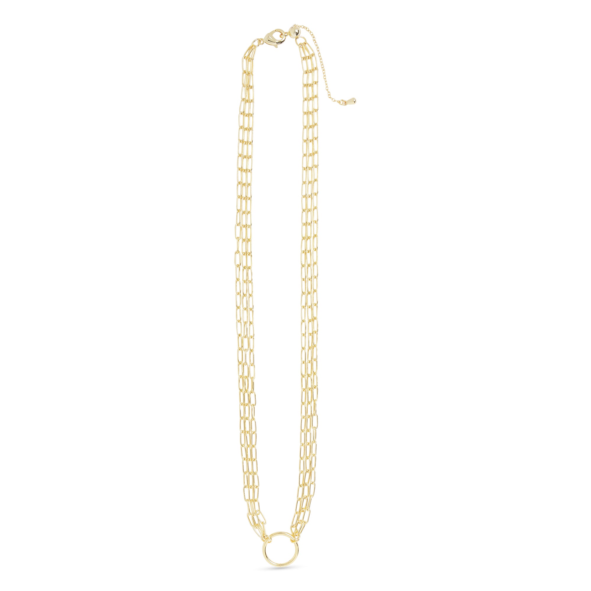 gold triple strand paperclip chain necklace with front charm clasp