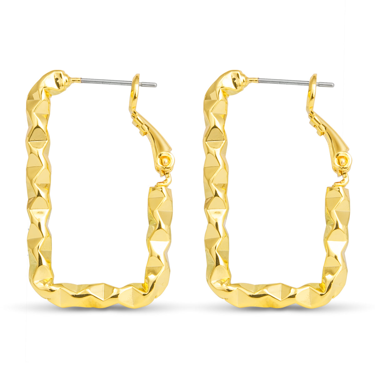 gold textured rectangle hoop earrings with twisted faceted design
