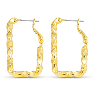 gold textured rectangle hoop earrings with twisted faceted design