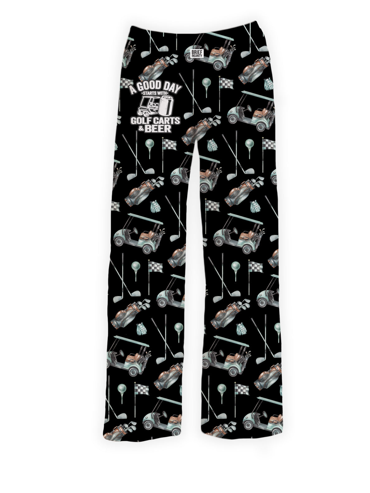 Golf Carts & Beer lounge pants by Brief Insanity with golf-themed graphic print