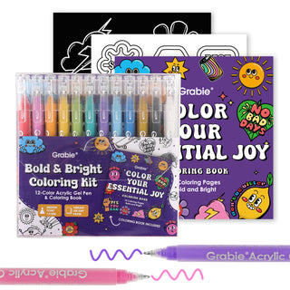 Grabie Bold & Bright Coloring Kit in Essential Joy — premium acrylic gel pens with a 200gsm heavyweight themed coloring pad, part of a 5-kit series by Grabie
