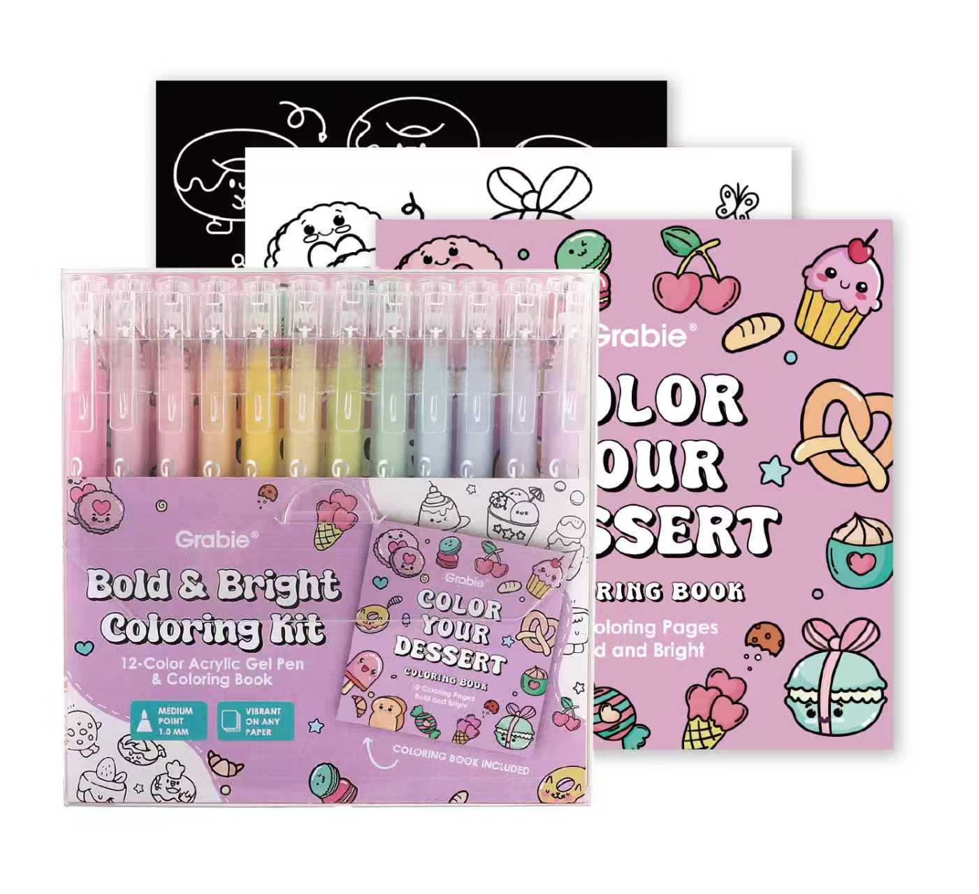 Grabie Bold & Bright Coloring Kit in Sugar Rush — premium acrylic gel pens with a 200gsm heavyweight themed coloring pad, part of a 5-kit series by Grabie

