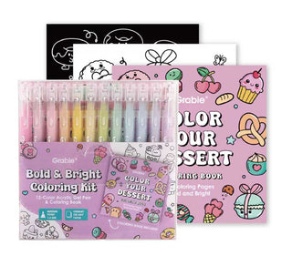 Grabie Bold & Bright Coloring Kit in Sugar Rush — premium acrylic gel pens with a 200gsm heavyweight themed coloring pad, part of a 5-kit series by Grabie
