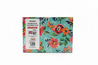 Grabie Floral Watercolor Coloring Club Set featuring a 12-color watercolor pocket palette, refillable brush, and floral watercolor coloring pages.