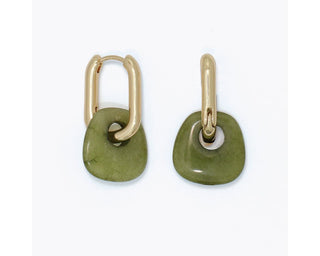 Gold huggie hoop earrings with polished semi-precious green agate stone charms in an organic geometric shape.