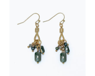 Faceted deep green and dark teal crystal cluster drop earrings with gold teardrop frame by Periwinkle — rich, sophisticated statement earrings for fall and holiday styling
