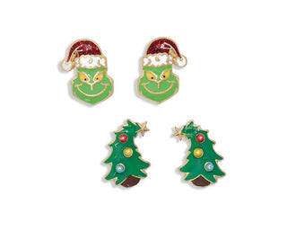 Grinch and Christmas tree stud earrings duo set with gold-tone hardware and colorful enamel details