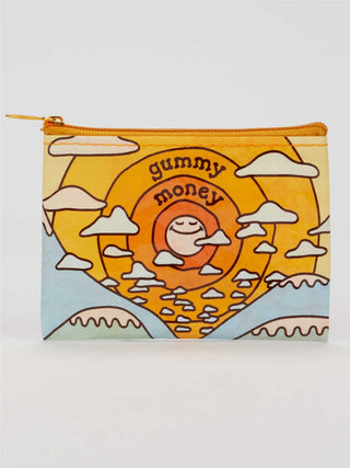 Blue Q Gummy Money recycled coin purse featuring retro sunshine and cloud artwork, made from 95% post-consumer recycled material.