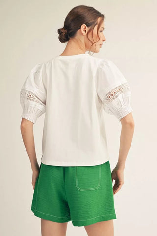 Short Puff Sleeve Top With Lace Accent