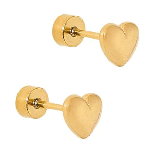 Hadley Gold Heart Screwback Stud Earrings featuring polished 5mm heart-shaped waterproof flat-back stainless steel posts for sensitive ears.