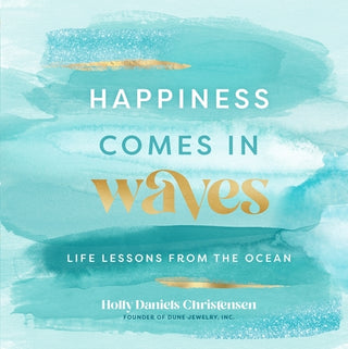 Book cover with 'Happiness Comes in Waves' text on a blue watercolor background