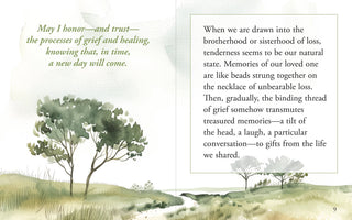 Interior spread of Healing After Loss Mini Book showing grief meditation quote "May I honor and trust the processes of grief and healing" with watercolor illustration of trees and rolling hills
